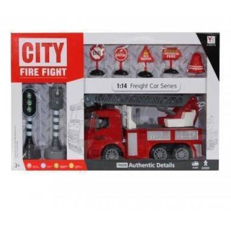 Tűzoltó autó készlet, elemes + közlekedési lámpa + traffipax, 49x30 cm doboz (gombelemes)